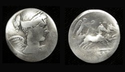 T. Carisius, Denarius, Winged Victory with Biga reverse